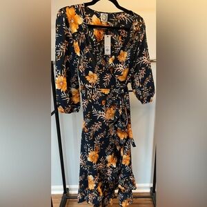 Francesca’s navy/yellow floral high low wrap dress. New with tags. Medium.